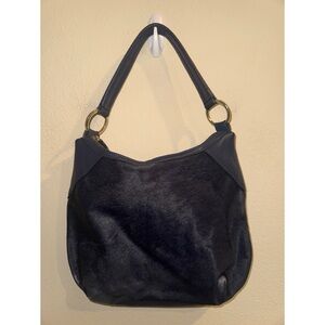 Margot Navy Pebble‎ Leather and Calf Hair Shoulder Bag Gold Hardware
